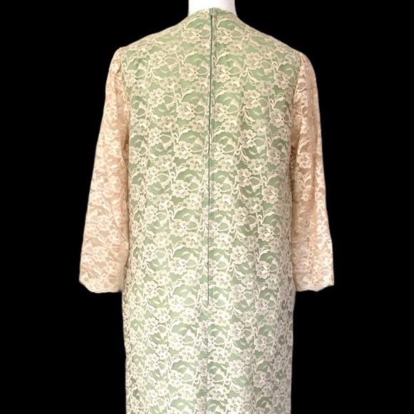 Vintage 60's Cream Lace Over Green Shift Dress Medium - Picture 11 of 13